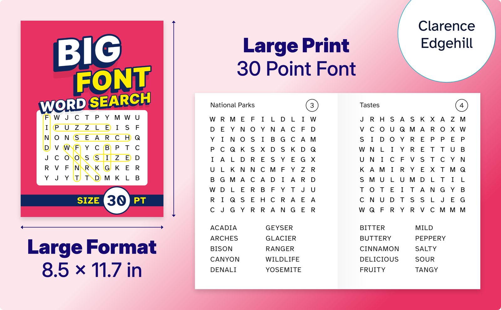 Big Font Word Search – cover and a sample interior page