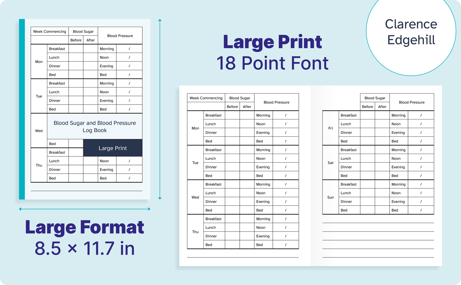 Blood Sugar and Blood Pressure Log Book – cover and a sample interior page