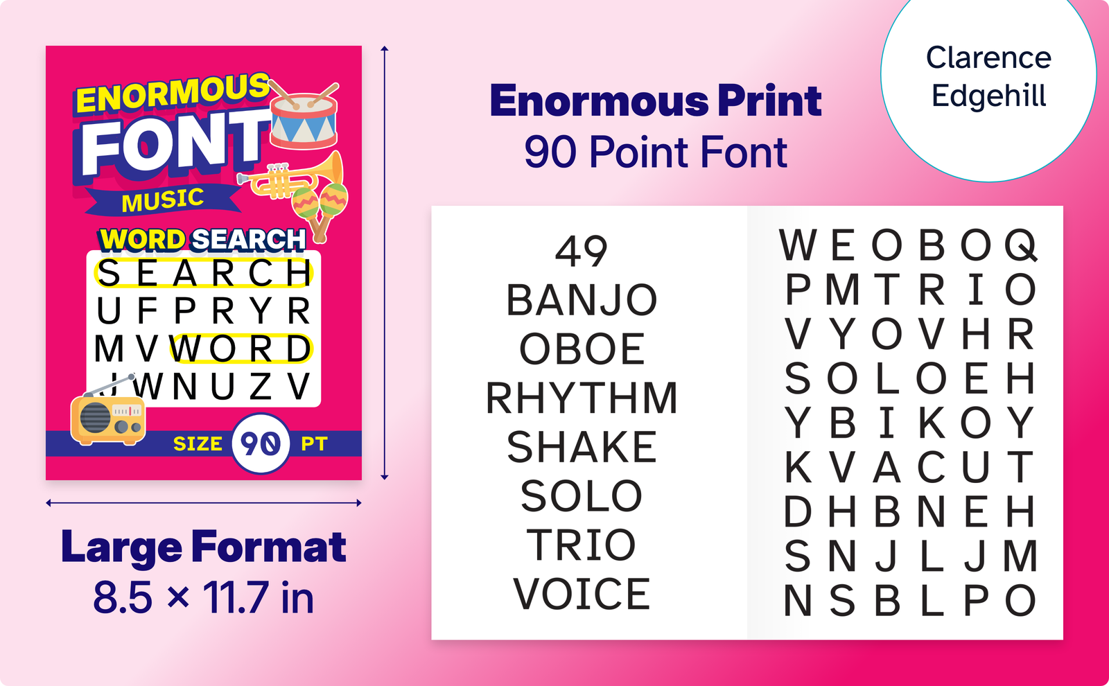 Enormous Font Music Word Search – cover and a sample interior page