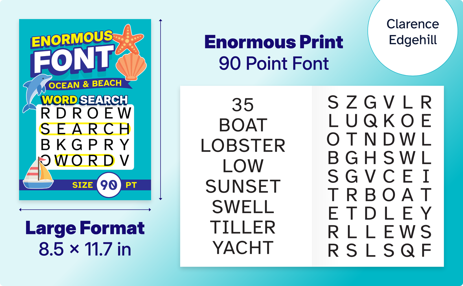 Enormous Font Ocean & Beach Word Search – cover and a sample interior page