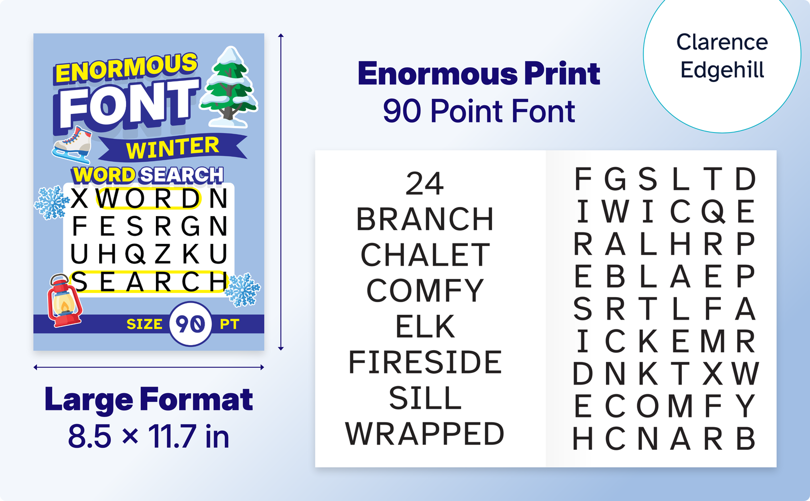 Enormous Font Winter Word Search – cover and a sample interior page