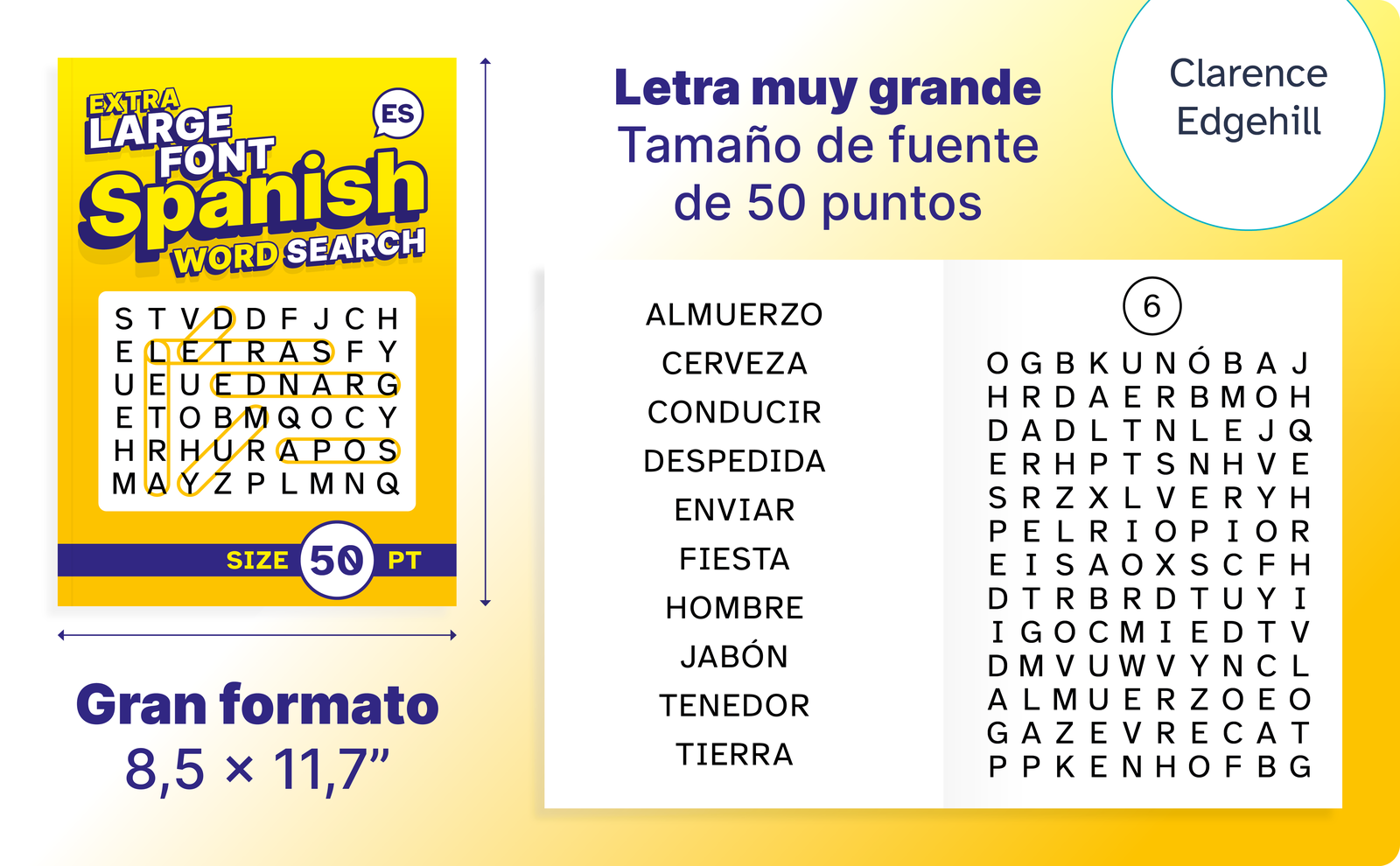 Extra Large Font Spanish Word Search – cover and a sample interior page