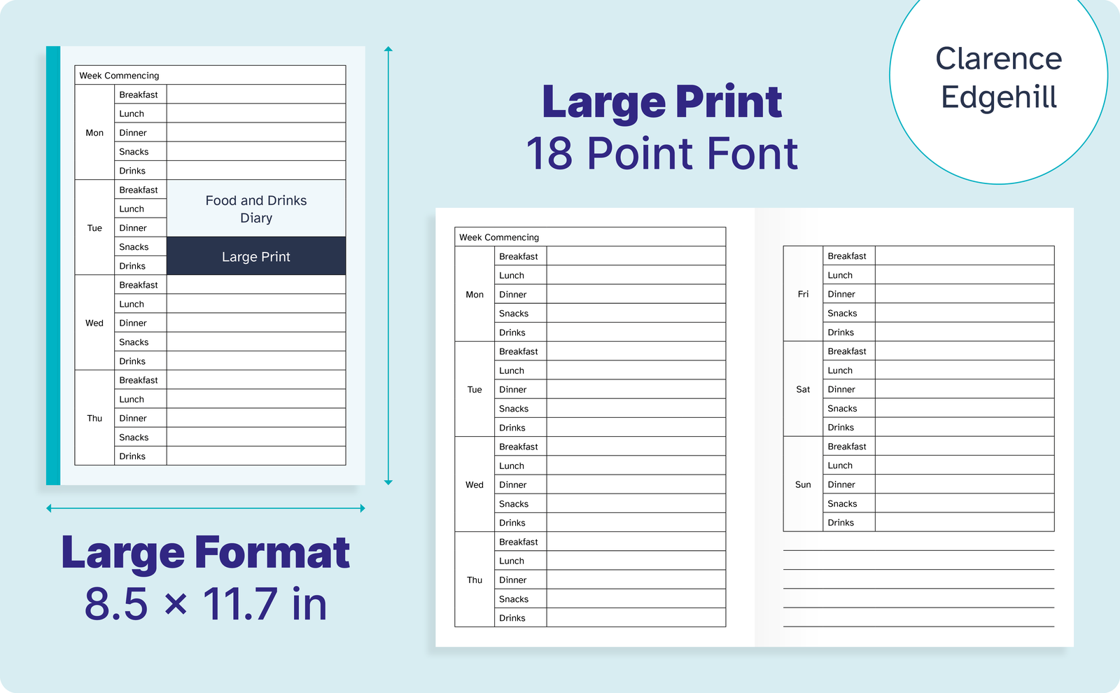 Food and Drinks Diary – Large Print – cover and a sample interior page
