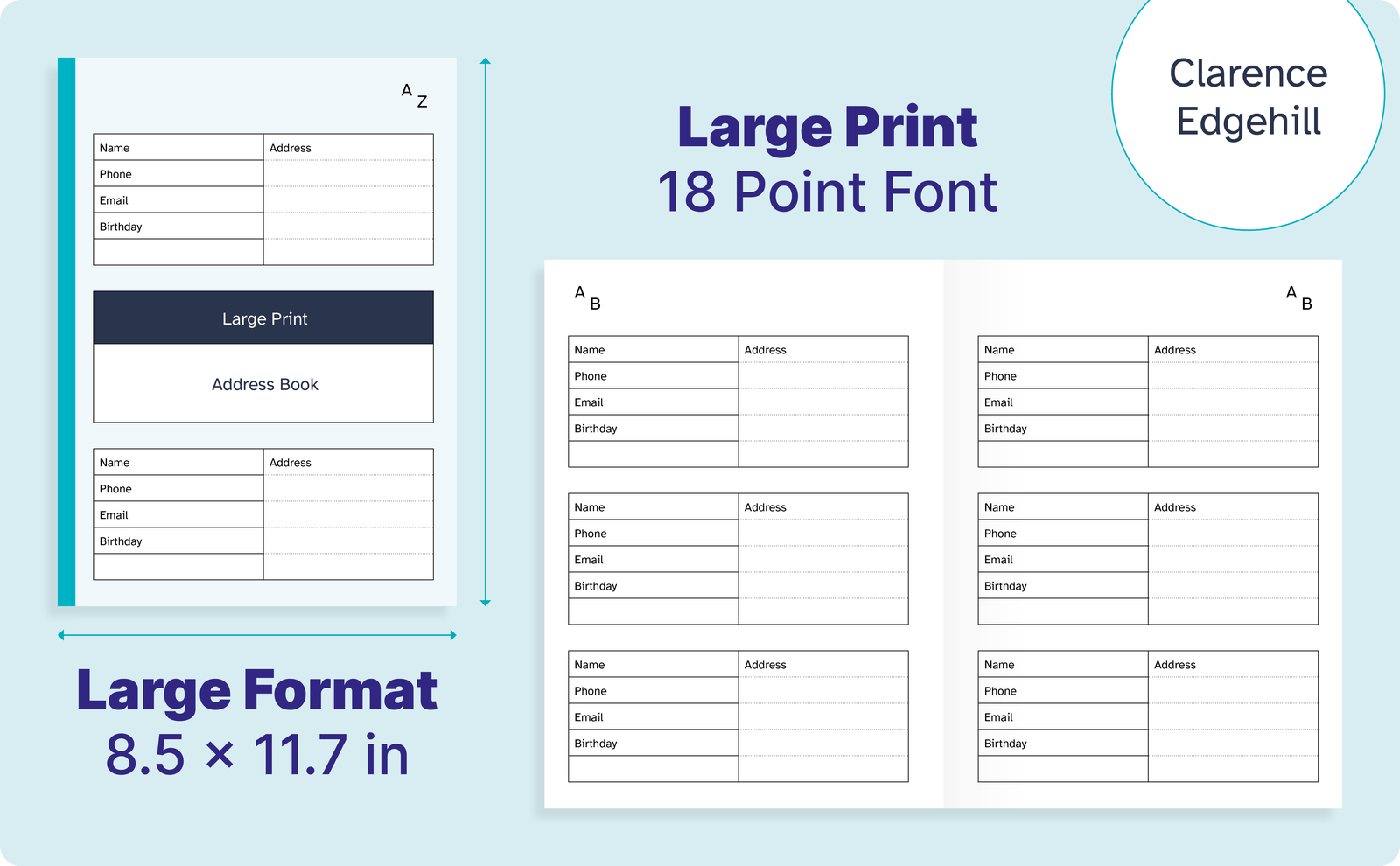 Large Print Address Book – cover and a sample interior page