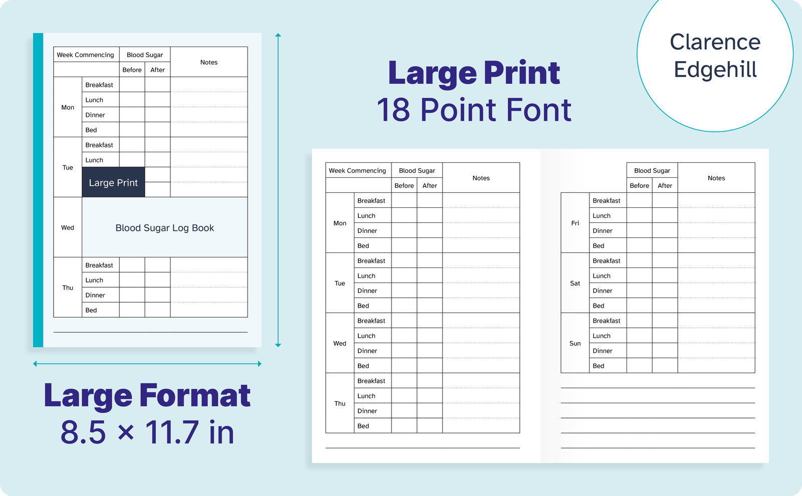 Large Print Blood Sugar Log Book – cover and a sample interior page
