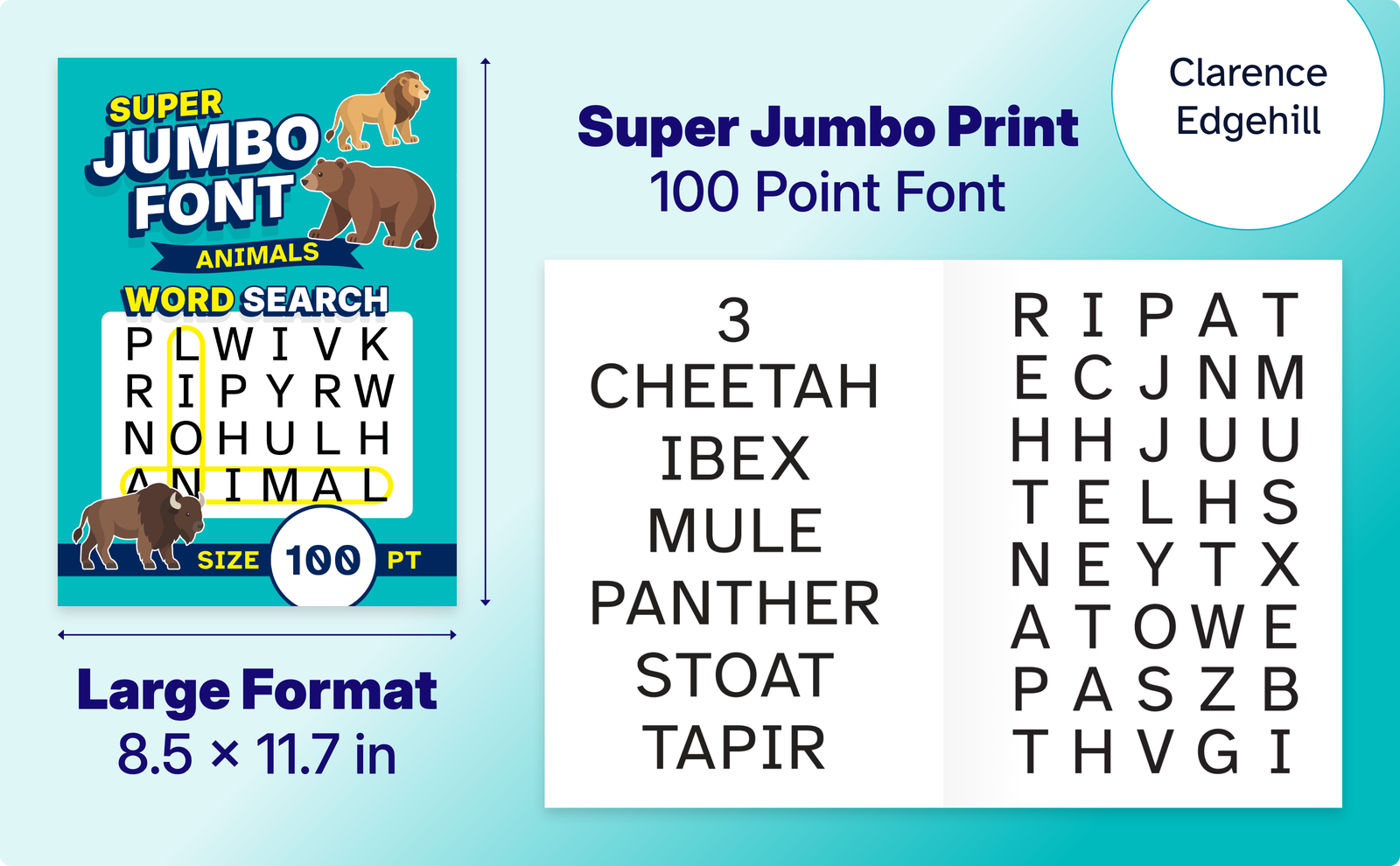 Super Jumbo Font Animals Word Search – cover and a sample interior page