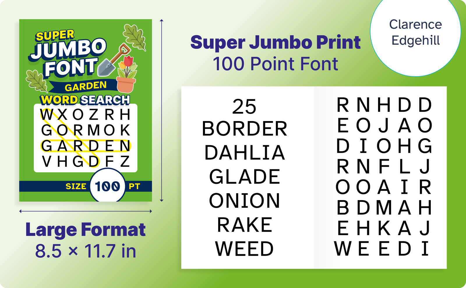 Super Jumbo Font Garden Word Search – cover and a sample interior page