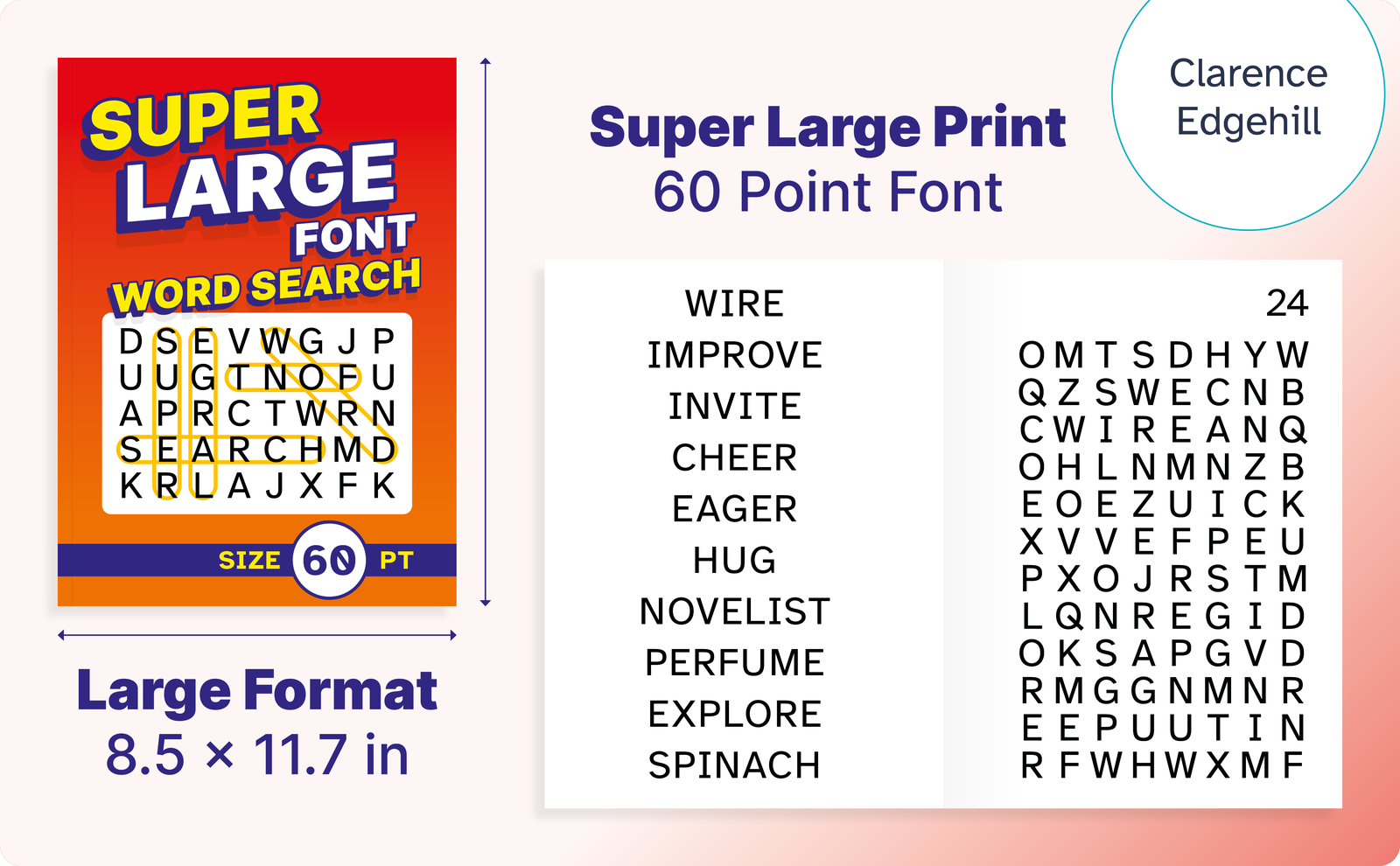 Super Large Font Word Search – cover and a sample interior page