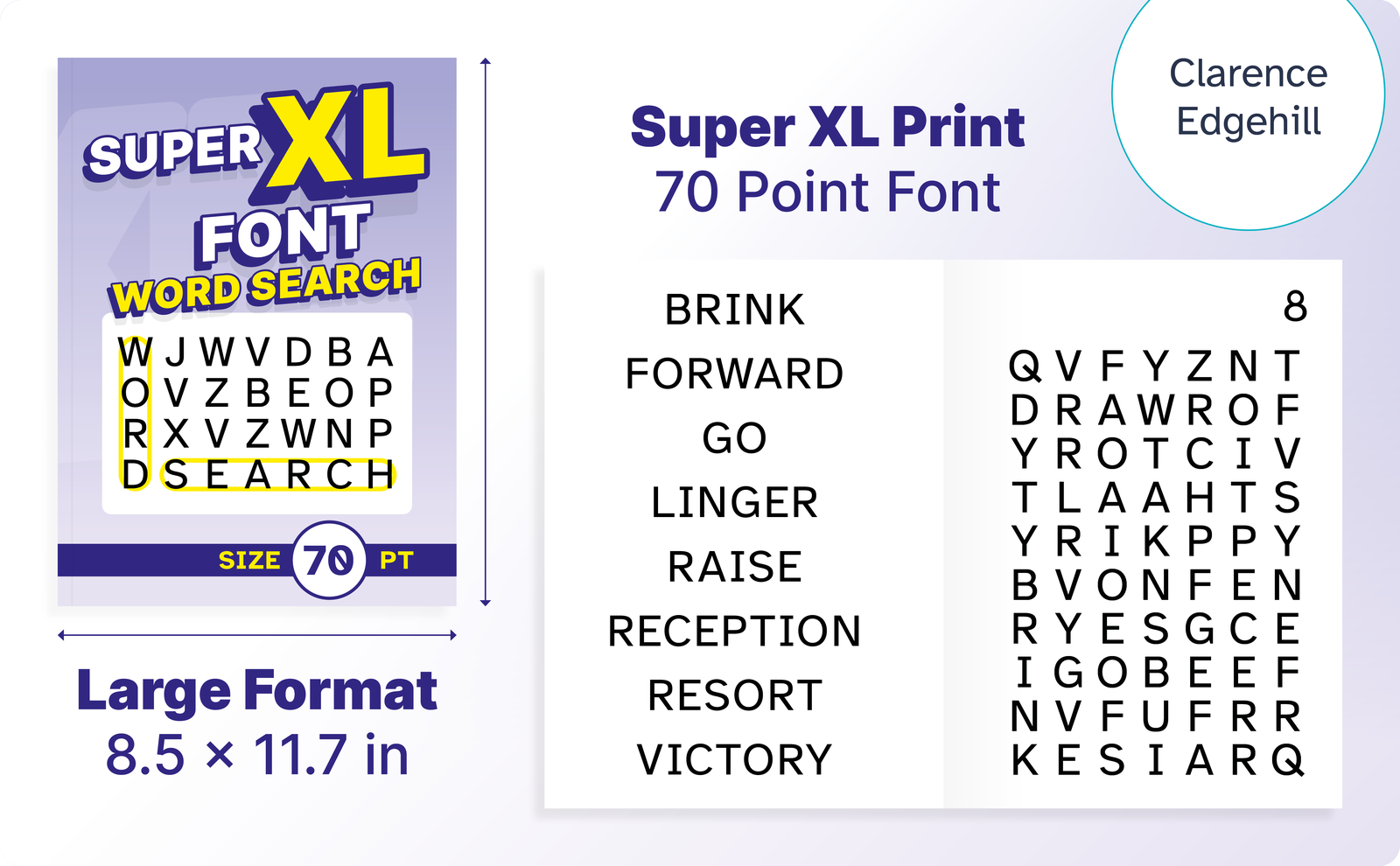 Super XL Font Word Search – cover and a sample interior page